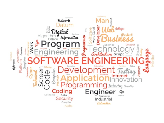 Word cloud achtergrond concept voor Software engineering computer programmering systeem cloud technologie ontwikkeling van applicatiebeheer vectorillustratie