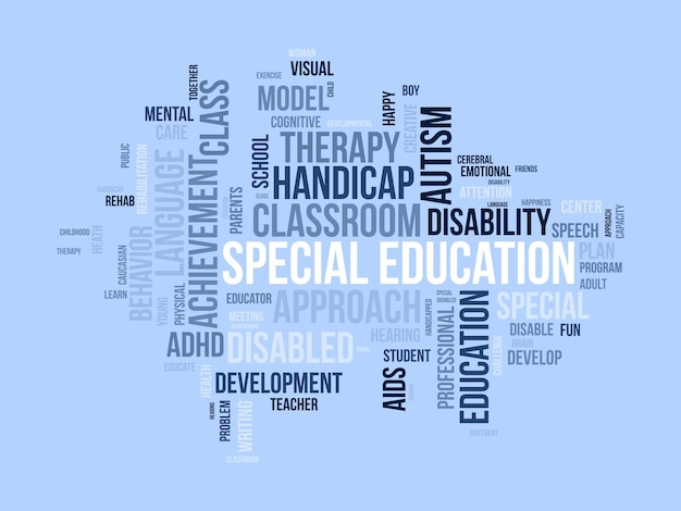 Word cloud achtergrond concept voor speciaal onderwijs handicap ontwikkeling speciaal kind gedrag van ontwikkeling aanpak plan vectorillustratie