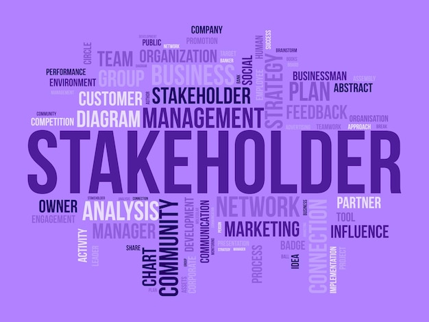 Word cloud achtergrond concept voor stakeholder werknemer diagram business management strategie van bedrijf verbinding vectorillustratie