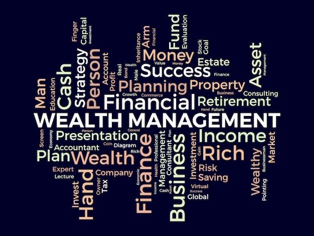 Word cloud achtergrond concept voor vermogensbeheer financiële investeringen inkomen plan strategie van winst beheer vectorillustratie