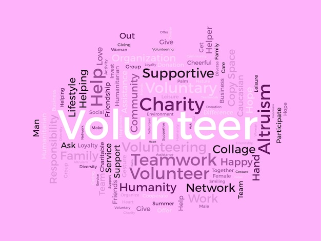 Word cloud achtergrond concept voor vrijwilligers liefdadigheid ondersteuning gemeenschap hulp werk zorg van humanitaire ondersteuning dienst vectorillustratie