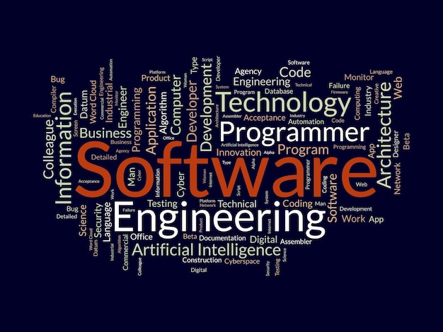 Word cloud achtergrondconcept voor software engineering computer programmering systeem cloud technologie ontwikkeling van applicatie management vector illustratie