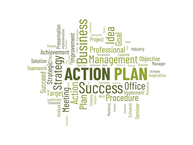 Word cloud background concept for action plan business idea solution strategy implement concept vector illustration