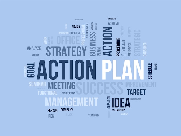 Word cloud background concept for Action Plan Business idea solution strategy implement concept vector illustration