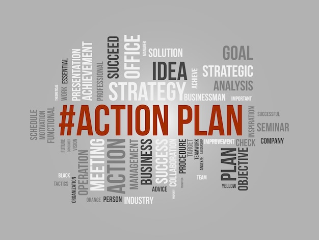 Word cloud background concept for Action Plan Business idea solution strategy implement concept vector illustration