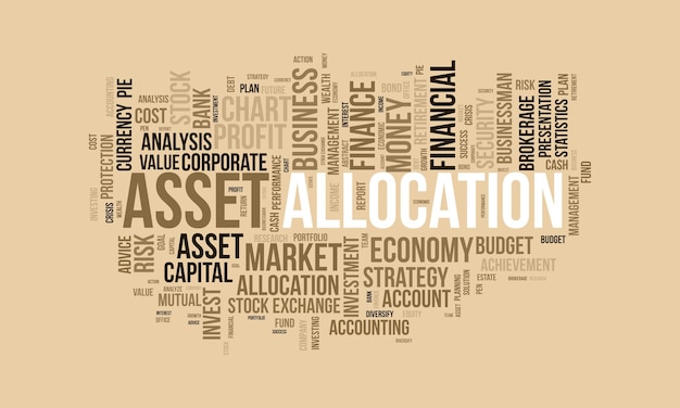 Concetto di sfondo della nuvola di parole per asset allocation strategia di mercato finanziario per la gestione del denaro dell'illustrazione vettoriale dell'analisi aziendale