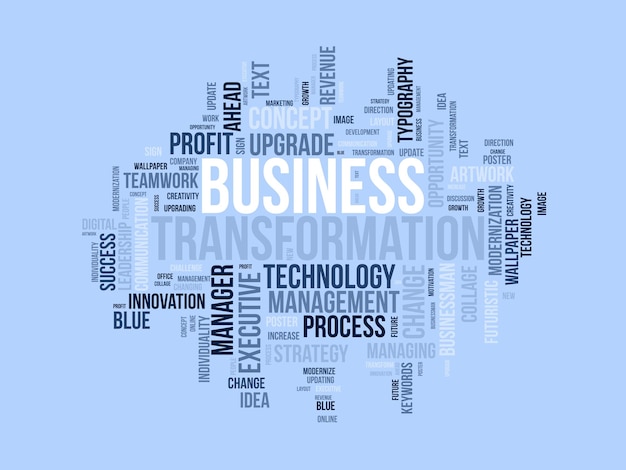 Concetto di sfondo della nuvola di parole per la trasformazione aziendale strategia di gestione della crescita aziendale per cambiare o modernizzare l'illustrazione vettoriale del concetto di business