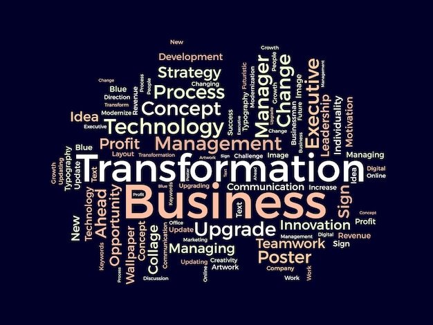 Vettore concetto di sfondo della nuvola di parole per la trasformazione aziendale strategia di gestione della crescita aziendale per cambiare o modernizzare l'illustrazione vettoriale del concetto di business