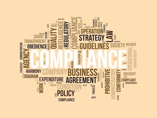 Vector word cloud background concept for compliance business agency policy guidelines for quality process regulatory vector illustration