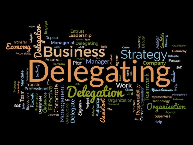 Word cloud background concept for Delegating Business responsibility career management assign of strategic leadership approach vector illustration