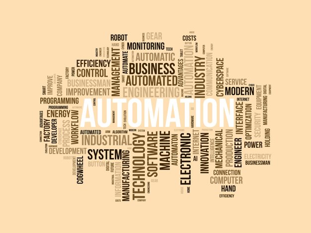 Концепция фонового облака слов для автоматизации электронная индустрия программного обеспечения, инженерно-производственная система облачного управления, инновационная векторная иллюстрация