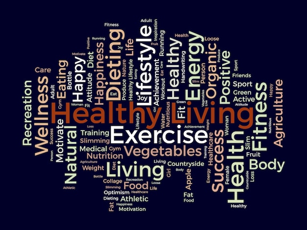 Word cloud background concept for Healthy living diet exercise fit lifestyle with organic food of eating energy vector illustration