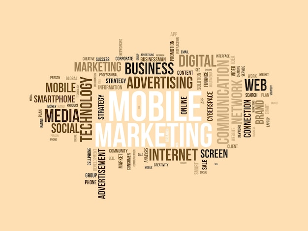 ビジネス プロモーション ベクトル図のモバイル マーケティング メディア広告デジタル ソーシャル コミュニケーションの単語雲背景概念