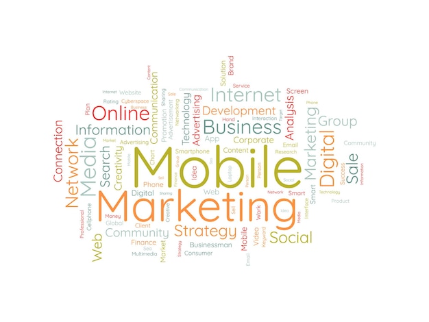 Word cloud background concept for mobile marketing media advertisement digital social communication of business promotion vector illustration