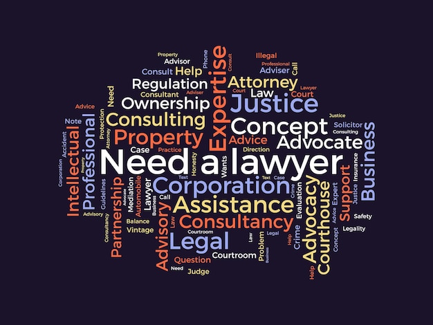 Vector word cloud background concept for need a lawyer legal consulting adviser for advocacy expertise vector illustration