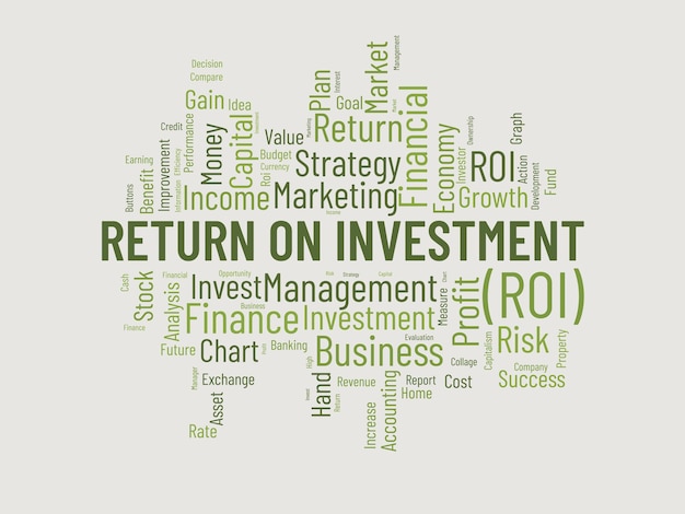 Vector word cloud background concept for return on investment roi business profit performance financial gain plan of marketing performance