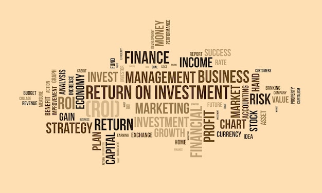 Vector word cloud background concept for return on investment roi business profit performance financial gain plan of marketing performance