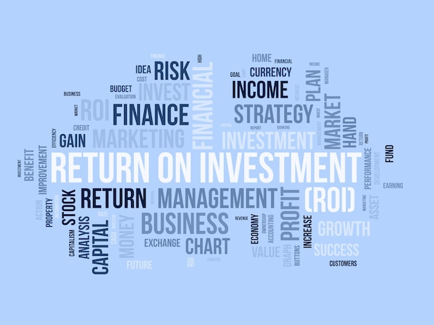 Vector word cloud background concept for return on investment roi business profit performance financial gain plan of marketing performance