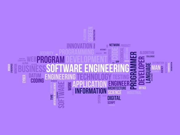 Concetto di sfondo della nuvola di parole per lo sviluppo della tecnologia del cloud del sistema di programmazione del computer di ingegneria del software dell'illustrazione vettoriale della gestione delle applicazioni