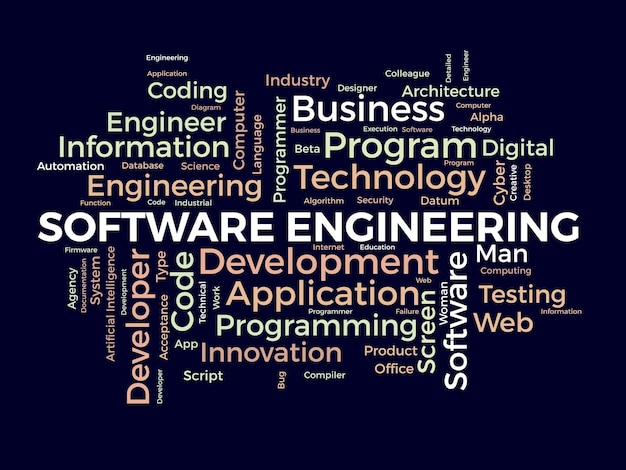 응용 프로그램 관리 벡터 일러스트 레이 션의 소프트웨어 엔지니어링 컴퓨터 프로그래밍 시스템 클라우드 기술 개발에 대한 단어 구름 배경 개념