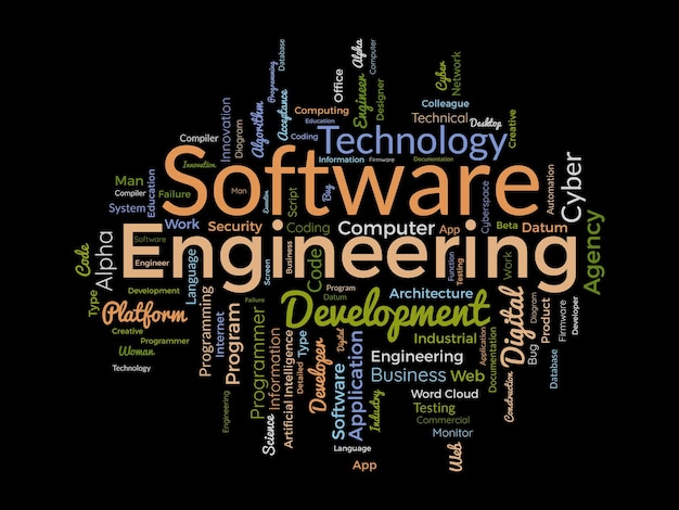 Vector word cloud background concept for software engineering computer programming system cloud technology development of application management vector illustration