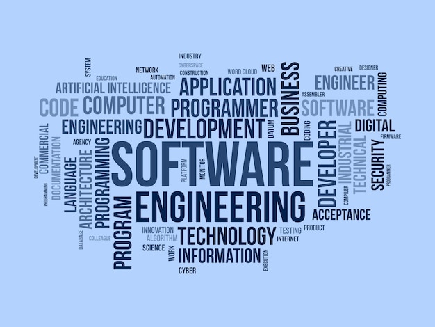 Vector word cloud background concept for software engineering computer programming system cloud technology development of application management vector illustration