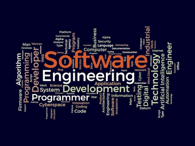 Vector word cloud background concept for software engineering computer programming system cloud technology development of application management vector illustration