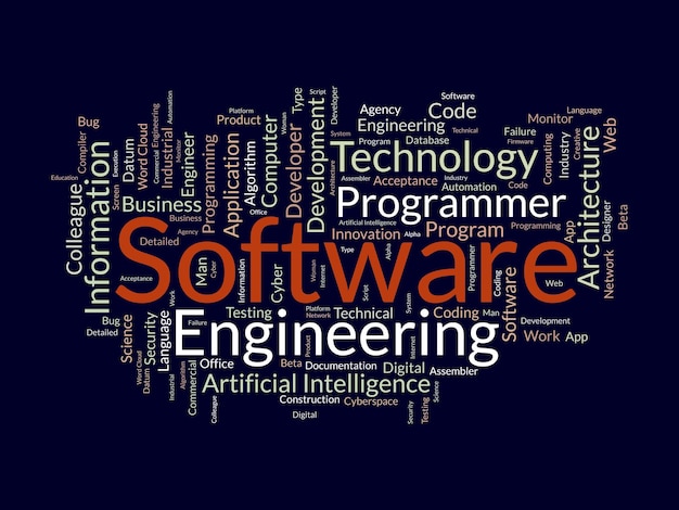 Vettore word cloud background concept for software engineering computer programming system tecnologia cloud sviluppo di illustrazione vettoriale di gestione delle applicazioni