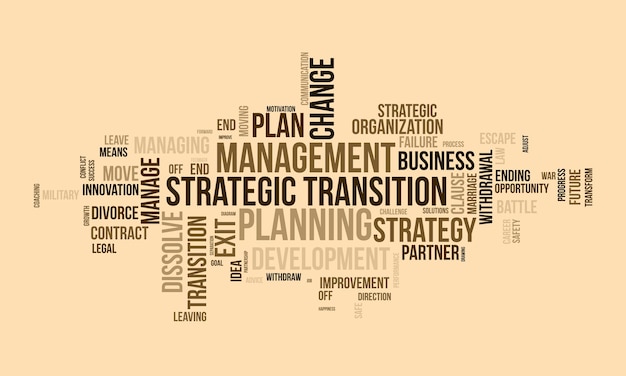 戦略的移行のための単語雲の背景概念 ビジネス変更の将来の目標のベクトル図の進行状況を計画