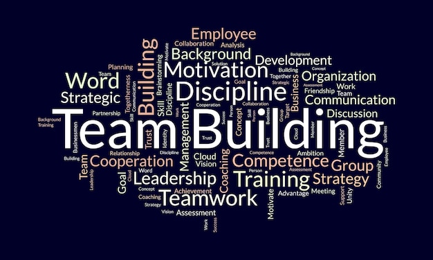 Vector word cloud background concept for team building motivation coaching management with business assessment vector illustration