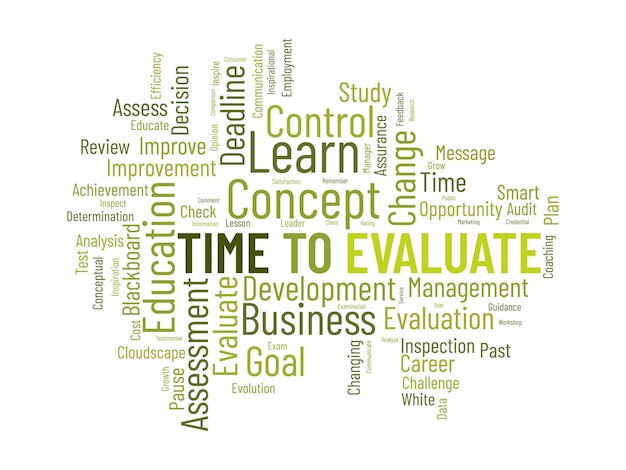 Word cloud background concept for time to evaluate career development study evaluation assess for opportunity satisfaction vector illustration