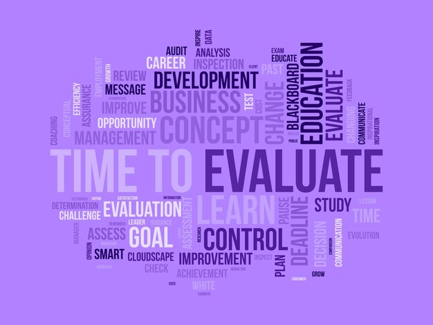 Word cloud background concept for time to evaluate career development study evaluation assess for opportunity satisfaction vector illustration