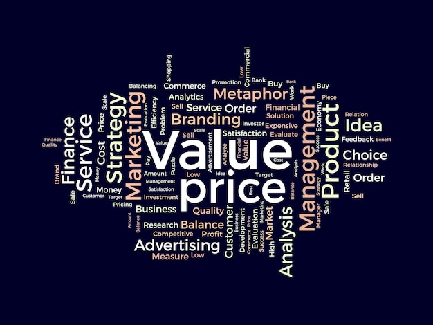 価値価格財務分析メタファー バランス メジャー ベクトル イラストの単語雲背景概念