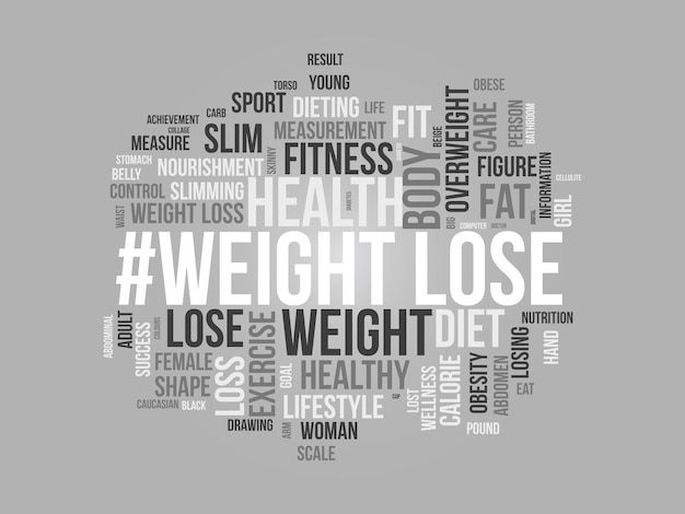 太りすぎや健康的な生活のベクトル図を失うための健康食品と重量を失うダイエットの単語雲背景概念