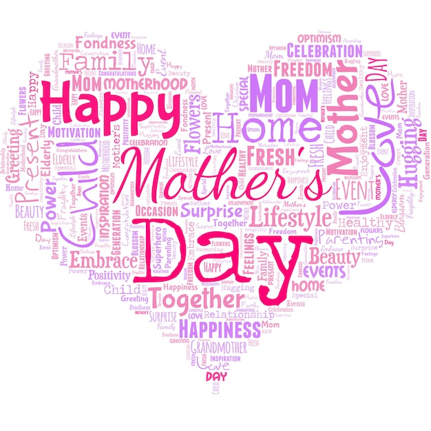 Облако слов в форме сердца со словами дня счастливой матери день года, где есть матери