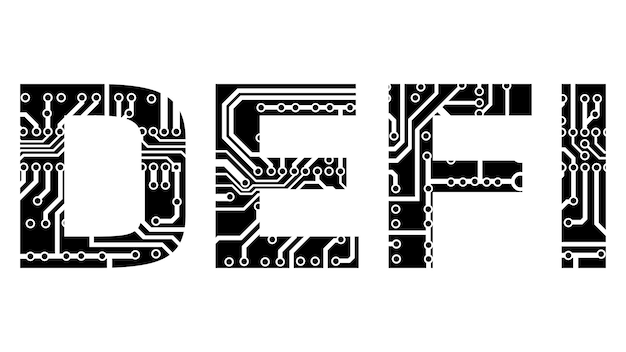 Word Defi decentralized finance with circuit board tracks silhouette isolated on white Ecosystem of financial applications and services based on public blockchains