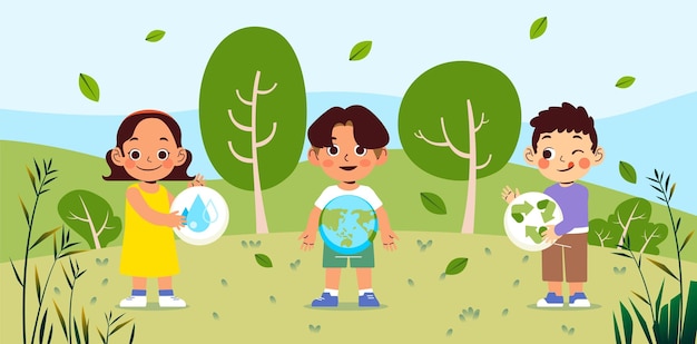 Вектор День окружающей среды, дети, девочка, мальчик, концепция устойчивого экологического развития природы