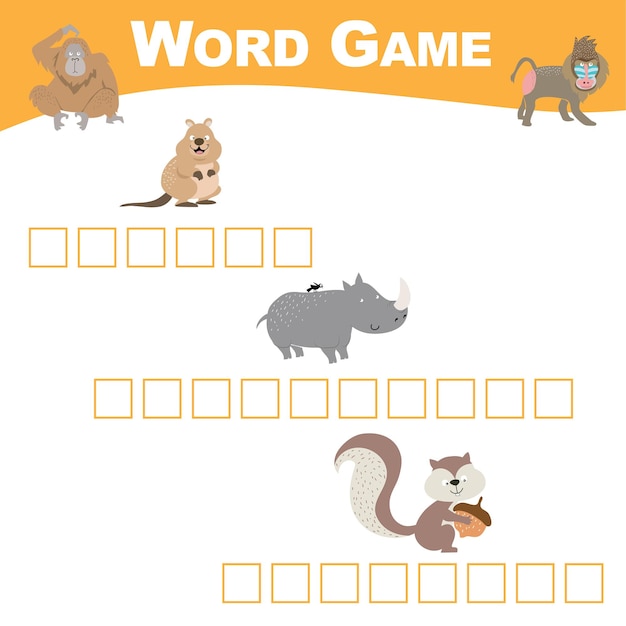 Word game sheet. Complete the words. Animals Theme Names Worksheet. Educational activity.