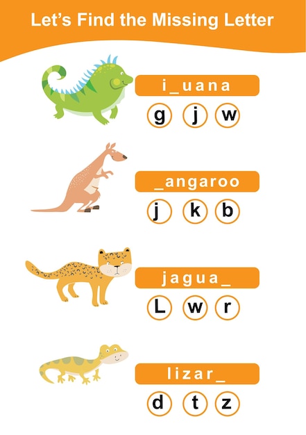 Word game sheet. Complete the words. Animals Theme Names Worksheet. Vector illustration.