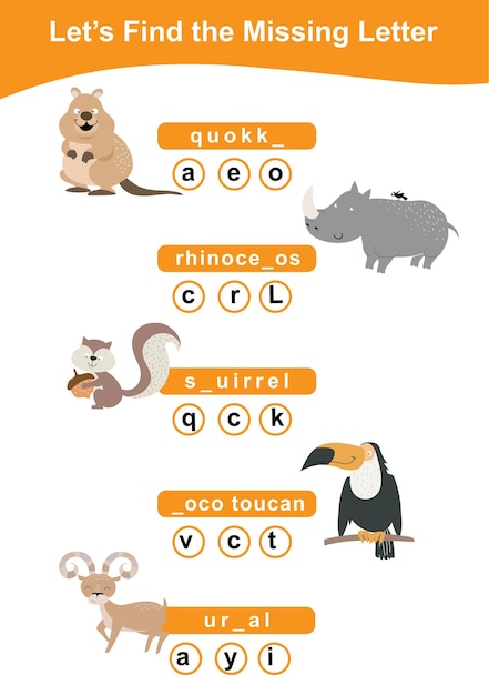 Word game sheet. Complete the words. Animals Theme Names Worksheet. Vector illustration.