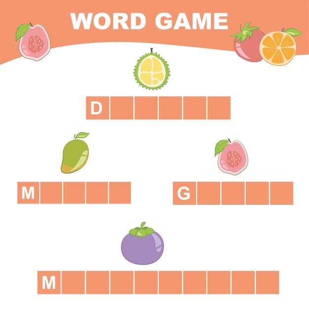 Word game worksheet. Complete the words. Fruits Theme Names Worksheet. Vector illustration.