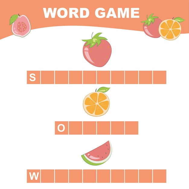 Word game worksheet. Complete the words. Fruits Theme Names Worksheet. Vector illustration.