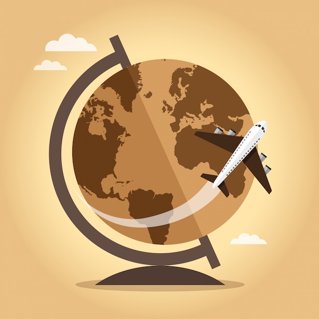 Vector word globe met een vliegtuig op vintage achtergrond. reis concept