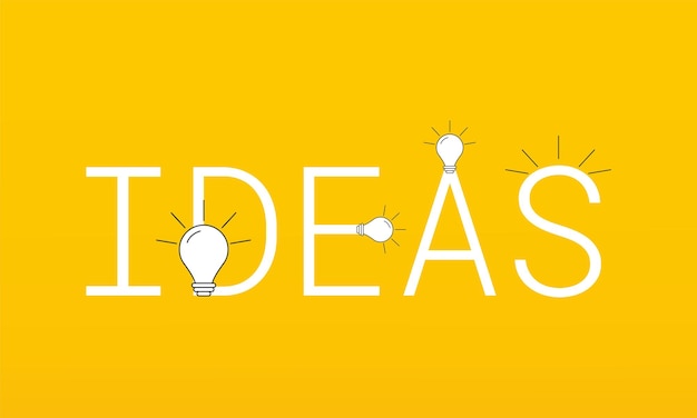 Word ideas with light bulbs on a yellow background Concept of innovation and creativity Vector illustration