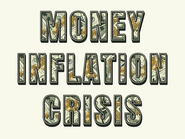 Вектор word inflation, money, crisis со 100 долларовыми купюрами и золотыми монетами в один доллар внутри букв.