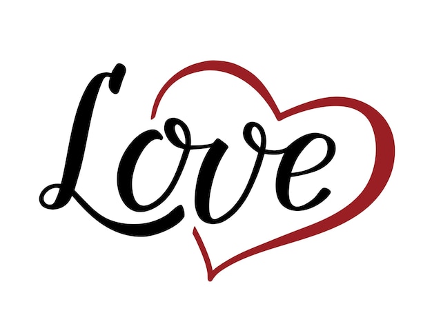 Word Love, handwritten lettering with red heart. Modern brush ink calligraphy.