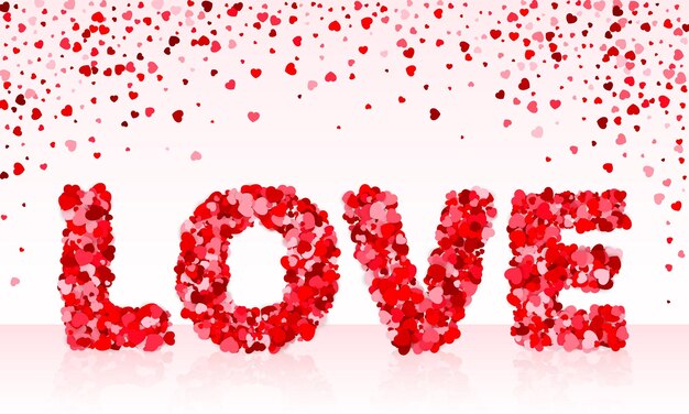 Word Love made from red and pink confetti Valentines day card Vector illustration