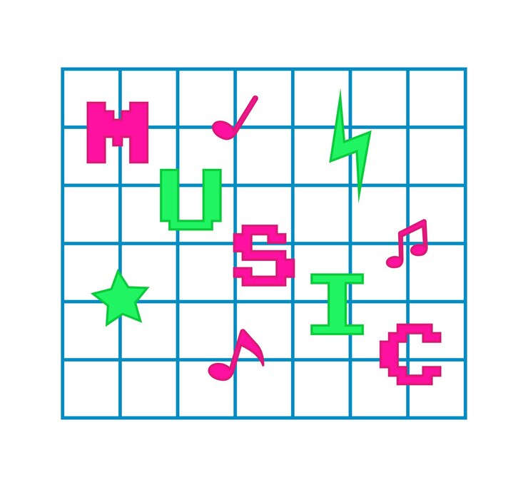 Vector the word music located on the grid mood board with letters and other elements attached