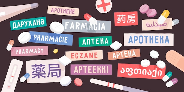 The word pharmacy in different languages of the world tablets of different shapes and colors