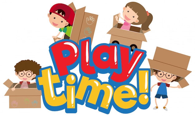 Vector word play time with happy kids playing
